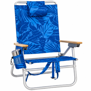 Beach chair set up on the sand, available for rental